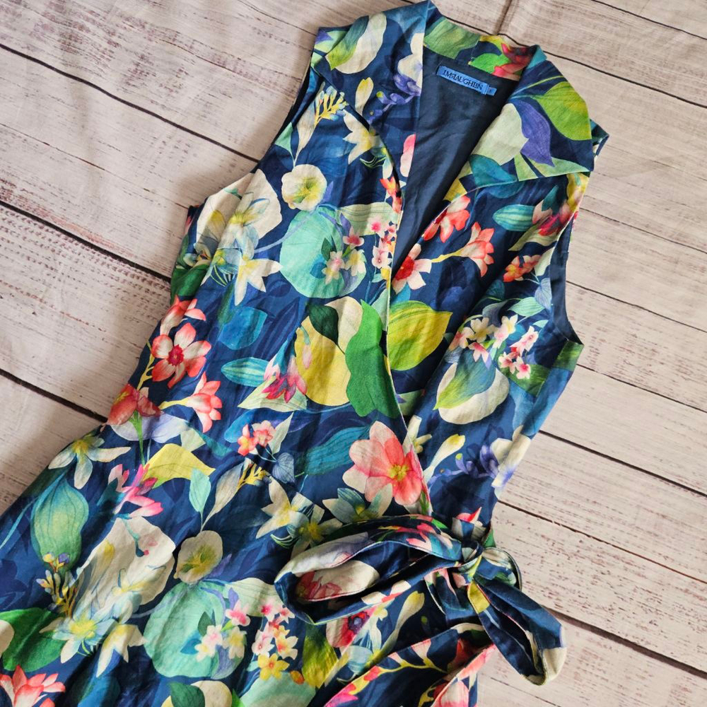 J. McLaughlin Miramar Navy Floral Linen Blend Wrap Dress Collared Womens Small - Picture 2 of 6